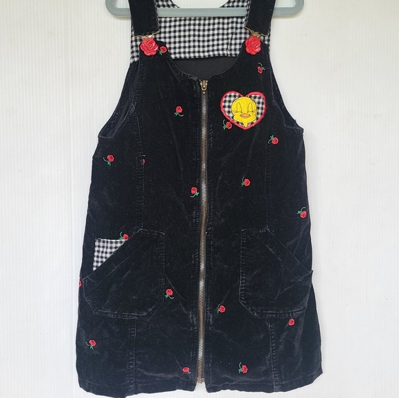 VINTAGE Tweety bird black velvet zip overall dress - Picture 3 of 11